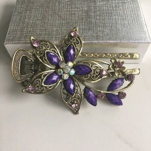 Antique Gold Tone Floral Hair Clip Purple Crystal